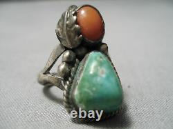 Rare Early Vintage Navajo Green Turquoise Coral Sterling Silver Leaf Ring