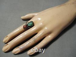 Rare Early Vintage Navajo Green Turquoise Coral Sterling Silver Leaf Ring