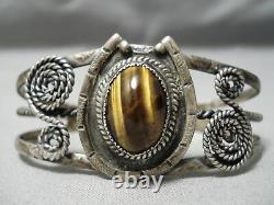 Rare Early Vintage Navajo Swirling Sterling Silver Tiger's Eye Bracelet