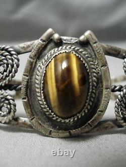 Rare Early Vintage Navajo Swirling Sterling Silver Tiger's Eye Bracelet