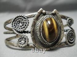 Rare Early Vintage Navajo Swirling Sterling Silver Tiger's Eye Bracelet