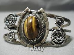 Rare Early Vintage Navajo Swirling Sterling Silver Tiger's Eye Bracelet