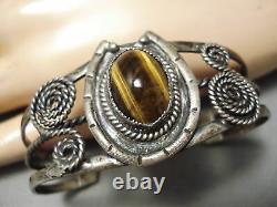 Rare Early Vintage Navajo Swirling Sterling Silver Tiger's Eye Bracelet