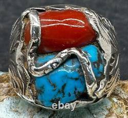 Rare Large Early Zuni Dan Simplicio Sterling Turquoise Coral Snake Ring Size 14+