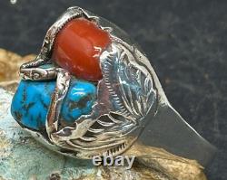 Rare Large Early Zuni Dan Simplicio Sterling Turquoise Coral Snake Ring Size 14+