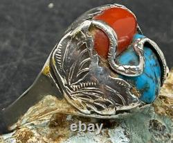 Rare Large Early Zuni Dan Simplicio Sterling Turquoise Coral Snake Ring Size 14+ Rare Large Early Zuni Dan Simplicio Sterling Turquoise Coral Snake Ring Size 14+