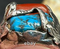 Rare Large Early Zuni Dan Simplicio Sterling Turquoise Coral Snake Ring Size 14+