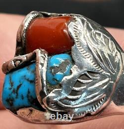 Rare Large Early Zuni Dan Simplicio Sterling Turquoise Coral Snake Ring Size 14+