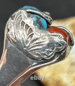 Rare Large Early Zuni Dan Simplicio Sterling Turquoise Coral Snake Ring Size 14+