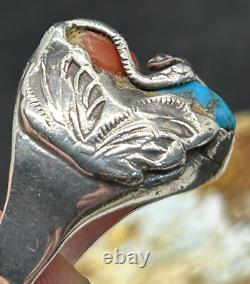 Rare Large Early Zuni Dan Simplicio Sterling Turquoise Coral Snake Ring Size 14+ Rare Large Early Zuni Dan Simplicio Sterling Turquoise Coral Snake Ring Size 14+