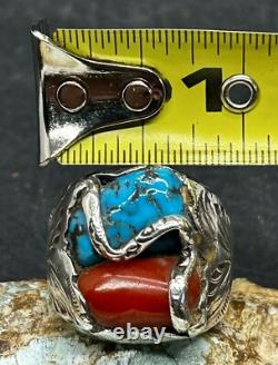 Rare Large Early Zuni Dan Simplicio Sterling Turquoise Coral Snake Ring Size 14+