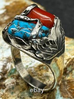 Rare Large Early Zuni Dan Simplicio Sterling Turquoise Coral Snake Ring Size 14+