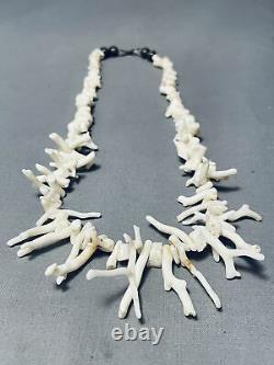 Rare Long Natural White Coral Early Vintage Navajo Sterling Silver Necklace
