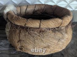 Rare Native American Basket Early 20th C, with Rabbit Fur-Handwoven 1920's, 16W