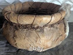 Rare Native American Basket Early 20th C, with Rabbit Fur-Handwoven 1920's, 16W