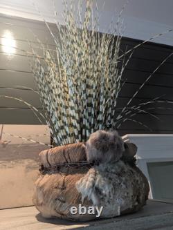 Rare Native American Basket Early 20th C, with Rabbit Fur-Handwoven 1920's, 16W