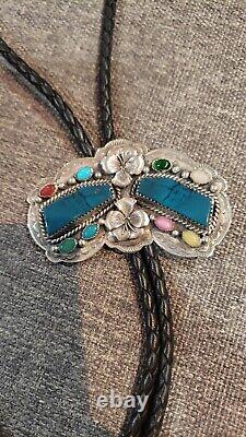 Rare Vintage Sterling silver turquoise And Other Stones Floral Carved bolo tie