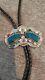 Rare Vintage Sterling Silver Turquoise And Other Stones Floral Carved Bolo Tie
