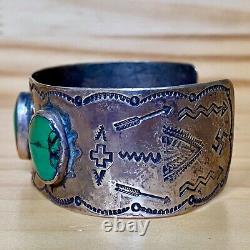Rare early Navajo CERILLOS TURQUOISE coin silver whirling logs cuff bracelet