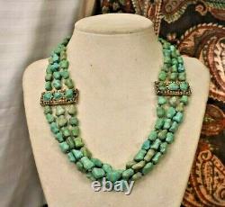 Rare vintage Sterling gold vermeil Chinese turquoise 3 Strand necklace