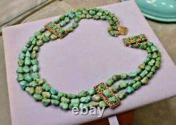 Rare vintage Sterling gold vermeil Chinese turquoise 3 Strand necklace