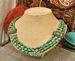 Rare vintage Sterling gold vermeil Chinese turquoise 3 Strand necklace