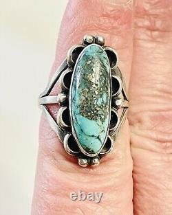 Remarkable Early 1900's Coin Sterling Silver Turquoise Ring Navajo Size 7.5