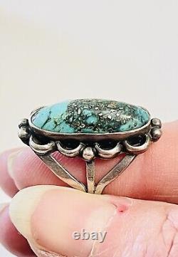 Remarkable Early 1900's Coin Sterling Silver Turquoise Ring Navajo Size 7.5