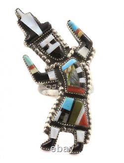 Resplendent Sterling Silver 70's Early Zuni Inlaid Rainbow Man Ring Sz 7.25