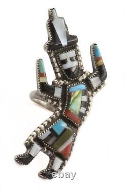 Resplendent Sterling Silver 70's Early Zuni Inlaid Rainbow Man Ring Sz 7.25