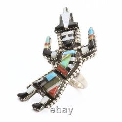 Resplendent Sterling Silver 70's Early Zuni Inlaid Rainbow Man Ring Sz 7.25