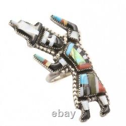 Resplendent Sterling Silver 70's Early Zuni Inlaid Rainbow Man Ring Sz 7.25