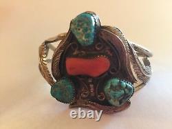 SALE Early Navaho Sterling Silver Kingman Turquoise Coral Leaf Cuff Bracelet RY