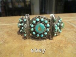 SCARCE Early 1900's ZUNI Coin Silver Turquoise CLUSTER Bracelet