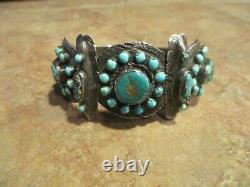 SCARCE Early 1900's ZUNI Coin Silver Turquoise CLUSTER Bracelet