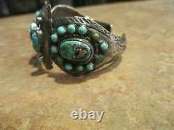 SCARCE Early 1900's ZUNI Coin Silver Turquoise CLUSTER Bracelet