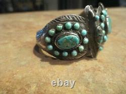 SCARCE Early 1900's ZUNI Coin Silver Turquoise CLUSTER Bracelet