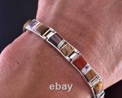 Silver & Coral Multistone Navajo Inlay Link Bracelet by Berna Joe 1D13L