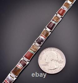 Silver & Coral Multistone Navajo Inlay Link Bracelet by Berna Joe 1D13L