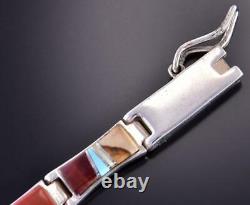 Silver & Coral Multistone Navajo Inlay Link Bracelet by Berna Joe 1D13L