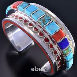 Silver & Coral Multistone Navajo Inlay Side Bracelet Vernon Haskie 1K06Z