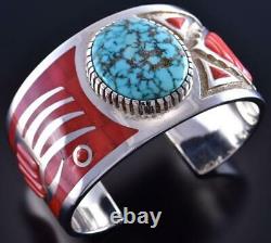 Silver & Coral Navajo Inlay Bear & Arrowhead Bracelet by Mike Perry 1K06E