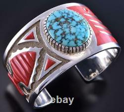 Silver & Coral Navajo Inlay Bear & Arrowhead Bracelet by Mike Perry 1K06E