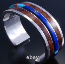 Silver Lapis and Burl Wood Inlay Bracelet by David Kuticka 7H02A