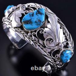 Silver & Sleeping Beauty Turquoise Eagle Feathers Men's Bracelet T. Yazzie 1L02U