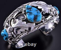 Silver & Sleeping Beauty Turquoise Eagle Feathers Men's Bracelet T. Yazzie 1L02U