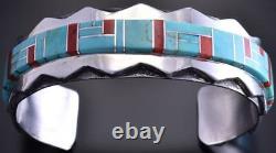 Silver & Turquoise & Coral Navajo Inlay Mtns Men's Bracelet Wilson Dawes 8J15N