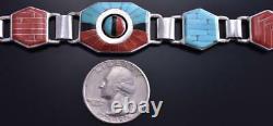 Silver & Turquoise & Coral Zuni Inlay Sunface Link Bracelet by Don Dewa 8J26A
