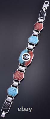 Silver & Turquoise & Coral Zuni Inlay Sunface Link Bracelet by Don Dewa 8J26A