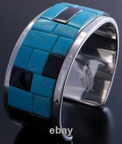 Silver Turquoise & Jet Soft Edge Navajo Inlay Bracelet by Tommy Jackson 7A27M